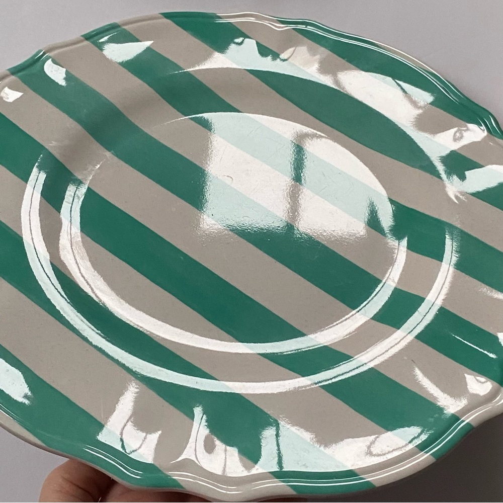 Melamine Dinner Plates 11” Set Of 4 Jai Wei green yellow and white striped EUC - Picture 16 of 16